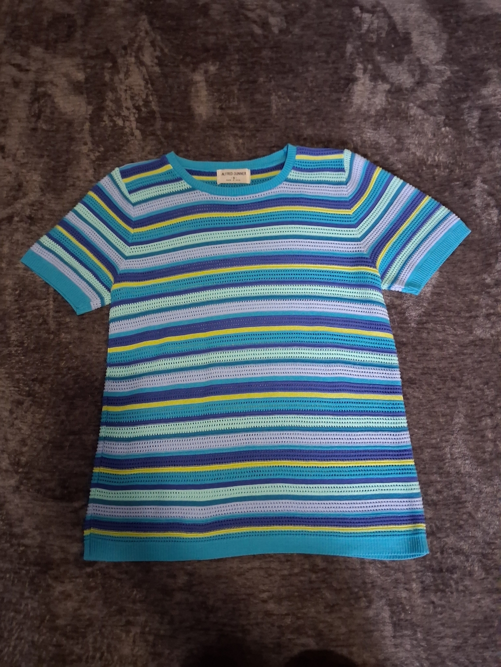Alfred Dunner Teal Multicolor Striped Open-Knit Short Sleeve Top Womens S